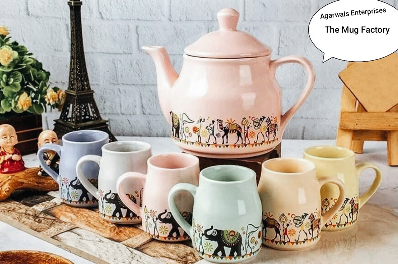 The Mug Factory Pack of 7 Ceramic Ceramic Flask Shape Animal Printed 6 Cups with Katli Pot Set(Multicolor, Cup Set)