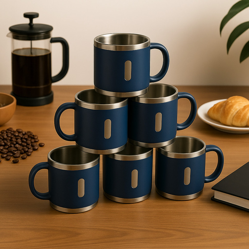 BLLUEX Pack of 6 Stainless Steel, Plastic Set of 6 Stainless Steel Double-Wall Coffee and Tea Mugs(Blue, Cup Set)