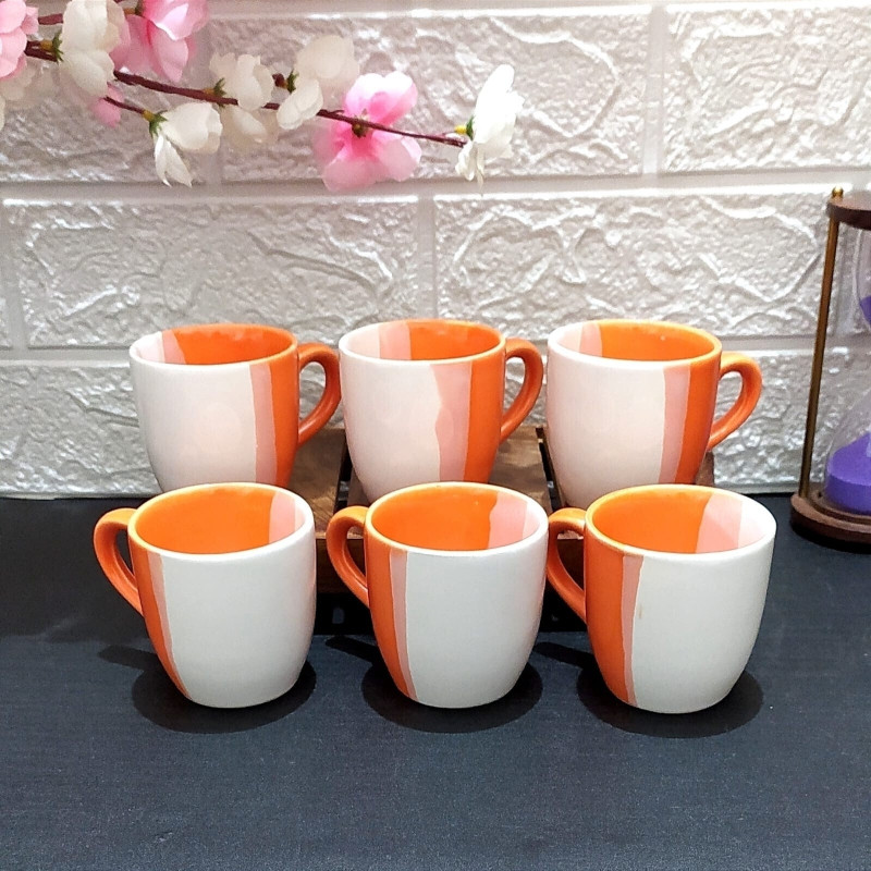 maalaxmi store Pack of 6 Ceramic ORANGE TONE IN WHITE CERAMIC TEA CUP(Orange, Cup Set)