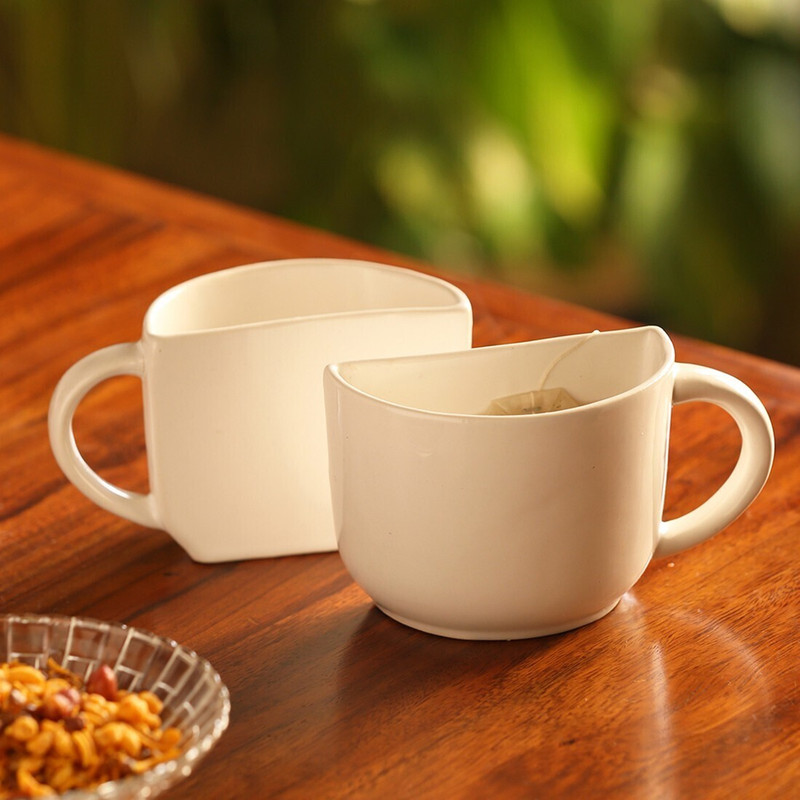 ExclusiveLane Pack of 2 Ceramic Handcrafted White Half Ceramic Tea Mugs Tea Cups Coffee Mug | Set of 2 Cup(White, Cup Set)
