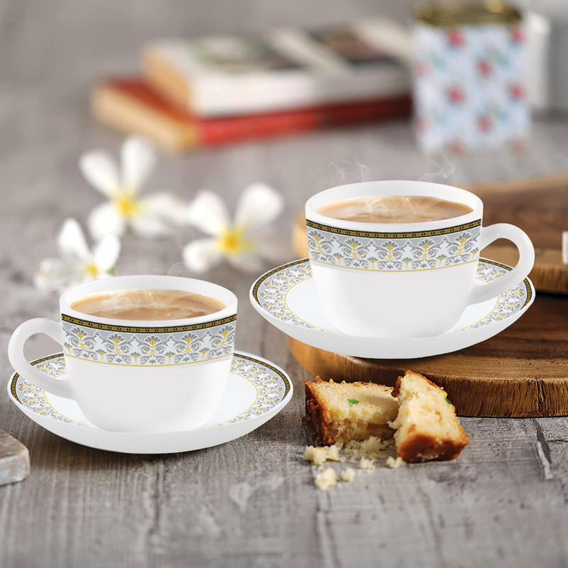 Larah by Borosil Pack of 12 Opalware Mimosa 6 pcs cup saucer Set {Cup 140ml (6 pcs) || Saucer 135mm (6 pcs)}(Blue, White, Cup and Saucer Set)
