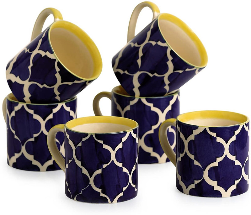 GLEAMSUN ENTERPRISES Pack of 6 Ceramic Ceramic Coffee Cups Tea & Serving Tea Cups (Set of 6, 200 ML, Blue & Yellow(Blue, Cup Set)