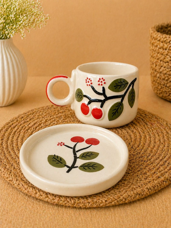 EarthyCraft Pack of 1 Ceramic Red cherries green leaves mug with coster(Multicolor, Cup and Saucer Set)