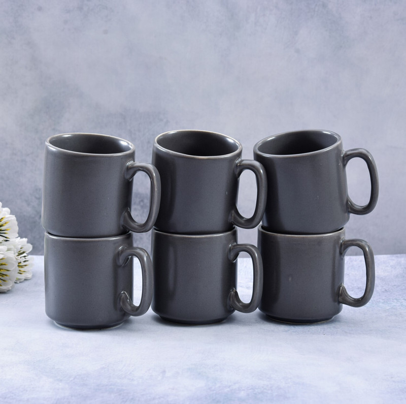 Sanjeev Kapoor by OGGN Pack of 6 Ceramic Matt Finish Raja Coffee Mug Grey Set of 6(Grey, Cup Set)