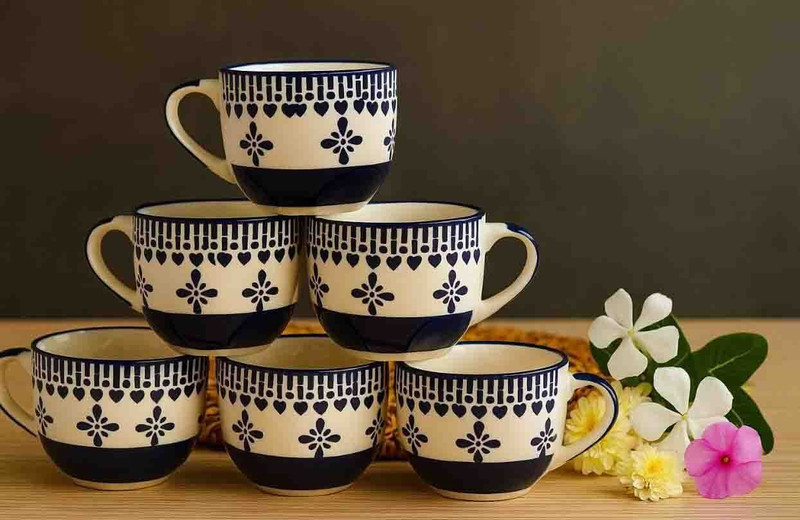PZ enterprises Pack of 6 Ceramic Blue Cup(Blue, Beige, Cup Set)