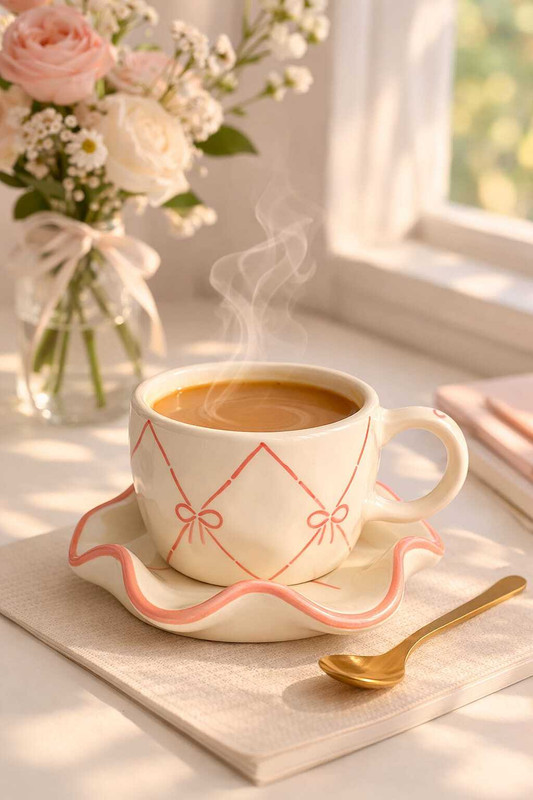 Dream gift collection Pack of 1 Ceramic Stylish Tea Cup with Decorative Saucer Plate | Designer(Off White, Cup)