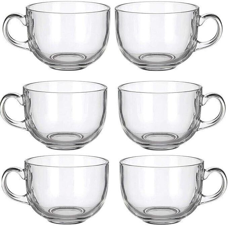 QnQ Pack of 6 Glass Round Tea Coffee Cup Set, 140 ml, 6 Pieces, Clear Glass Mug with Handle(Clear, Cup Set)