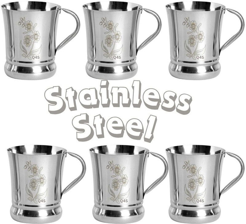 Q4S Pack of 6 Stainless Steel, Steel cups for tea flower design for everyday use(Silver, Cup Set)