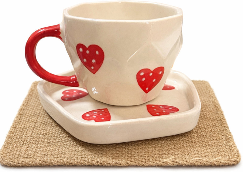 EarthyCraft Pack of 1 Ceramic Handcrafted Heart Design Ceramic Cup & Pentagon Saucer Set – Red & Cream(Red, Off White, Cup and Saucer)