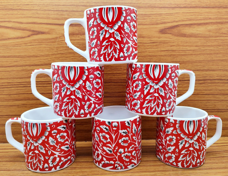 laghima jadon Pack of 6 Ceramic Tea/Coffee Cups Round Shape Cup Venture Red Leaf Printed Design Beautiful 200 ML(Red, White, Multicolor, Cup Set)
