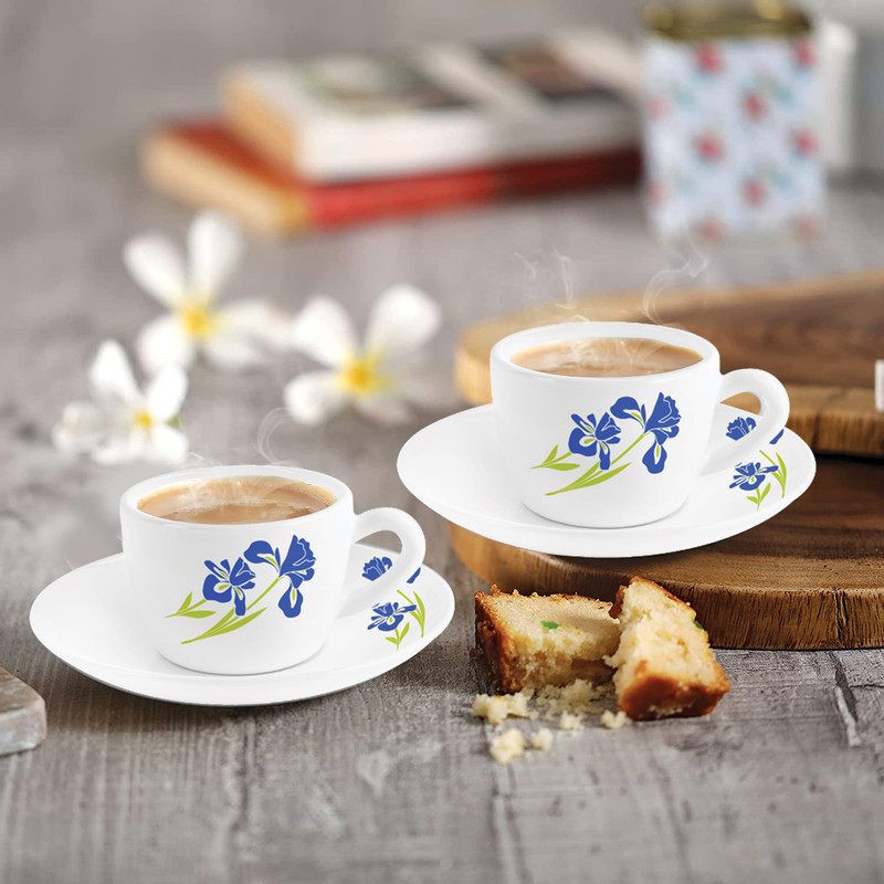 cello Opalware Blue flower 130ml 6pcs Cup and 6pcs Saucer Set(Blue, White, Cup and Saucer Set)