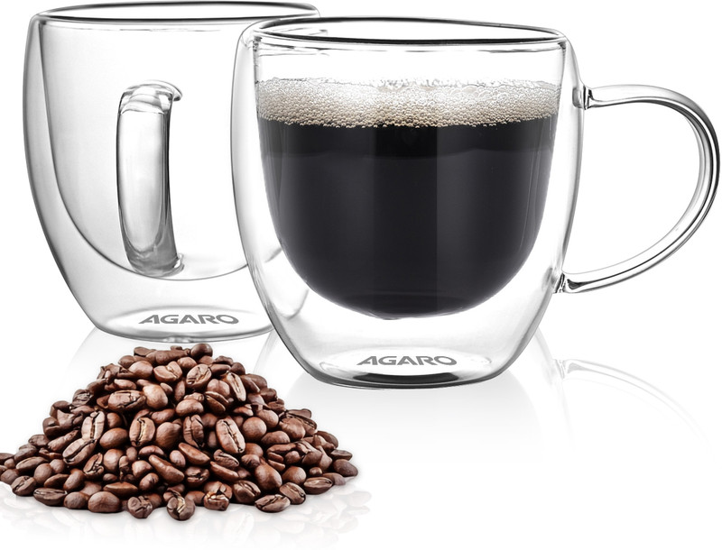 AGARO Pack of 2 Glass Elite Double Wall Glass Cups 250ml, Premium Borosilicate glass, Heat Resistant(Clear, Cup)