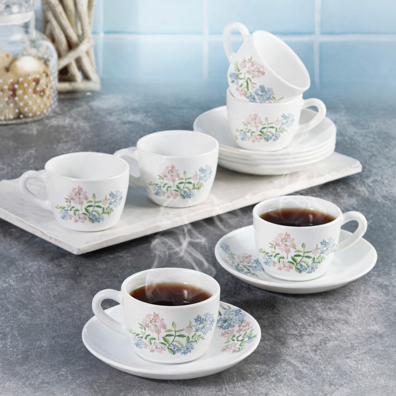 cello Opalware PEACH BLOOM Queen Cup and Saucer Set(White, Pink, Blue, Cup and Saucer Set)