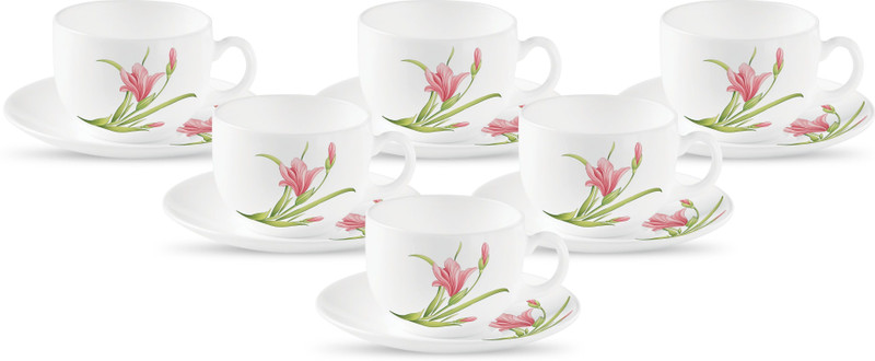 LAOPALA Opalware Diva Fluted Green 160 ml Cup Saucer Set(White, Cup and Saucer Set)