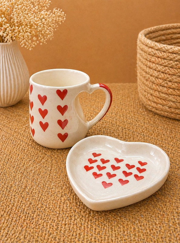 EarthyCraft Pack of 1 Ceramic Heart Printed Mug with Heart-Shaped Saucer(Red, White, Cup and Saucer Set)