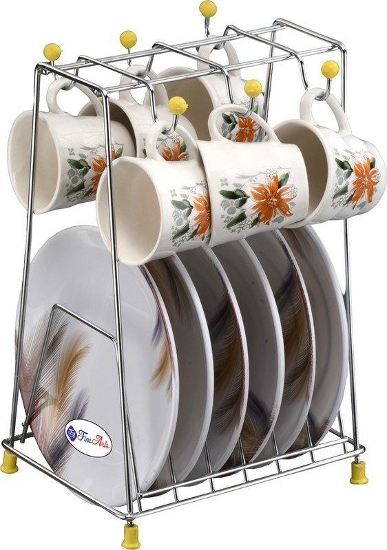 FineArts Cup Kitchen Rack Steel Cup Saucer Plate Stand With 6 Hooks For Holding Cups Mugs