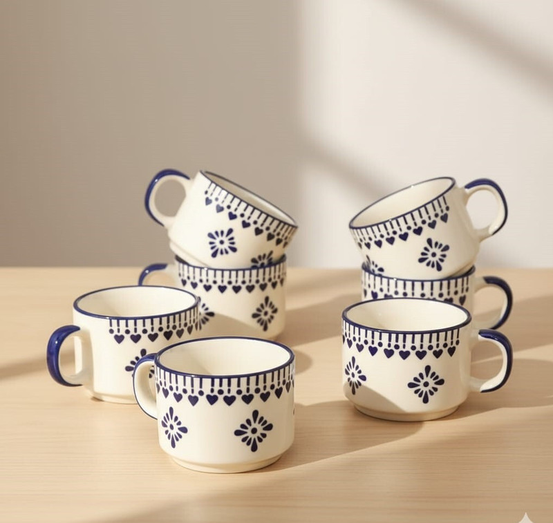 Rehbar handicraft Pack of 6 Stoneware BLUE FLORAL HEART DESIGN TEA CUP SET(Blue, Cup Set)