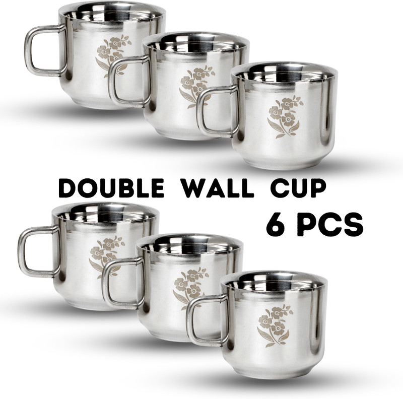 Q4S Pack of 6 Stainless Steel, Steel Cup for coffee tea double wall insulated cup for hot drink 95 ML(Steel, Silver, Cup Set)