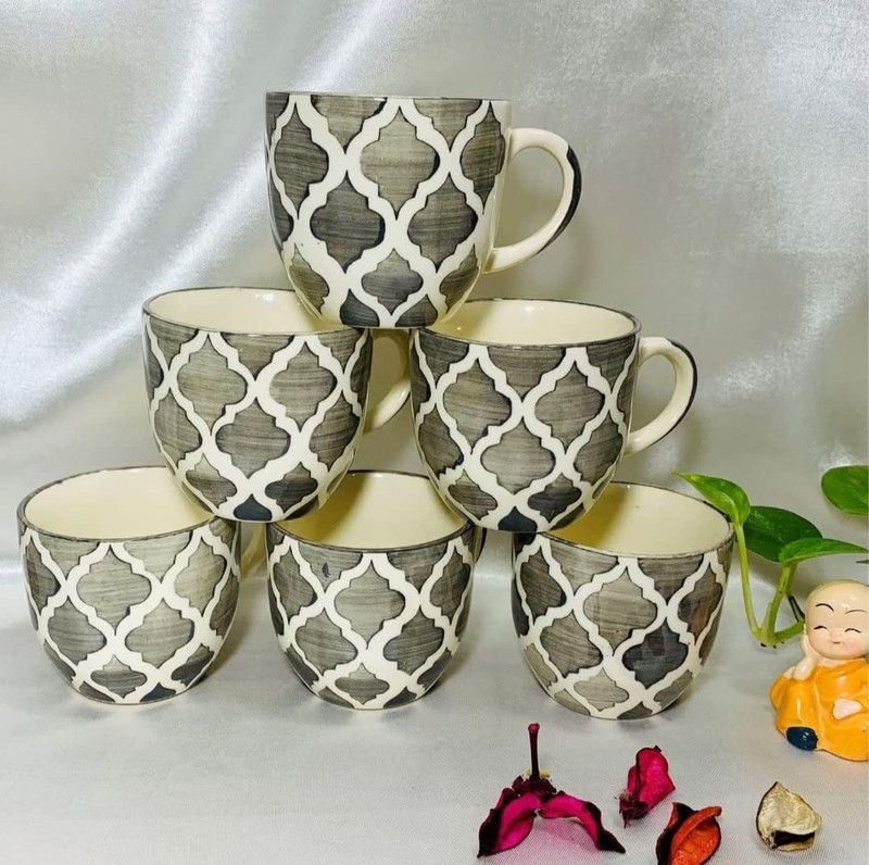 KTCeStore Pack of 6 Ceramic Exclusive Grey Full Print Cups(Grey, Cup Set)