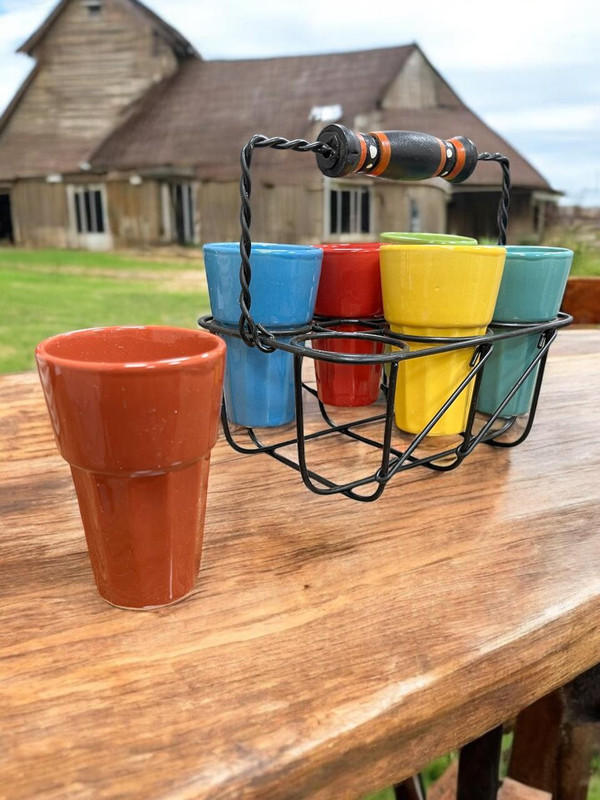 VIBHSA Pack of 6 Ceramic Multicolor Ceramic Tea Cups With Metal Glass Stand(Multicolor, Cup Set)