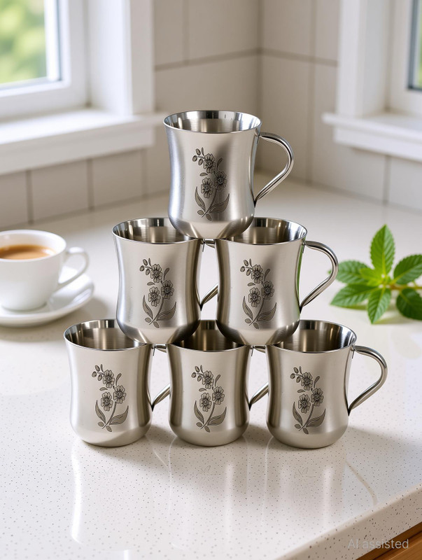 CHARWICK Pack of 6 Stainless Steel Laser Flower Print for Hot Drinks like Coffee Milk(Steel, Cup)
