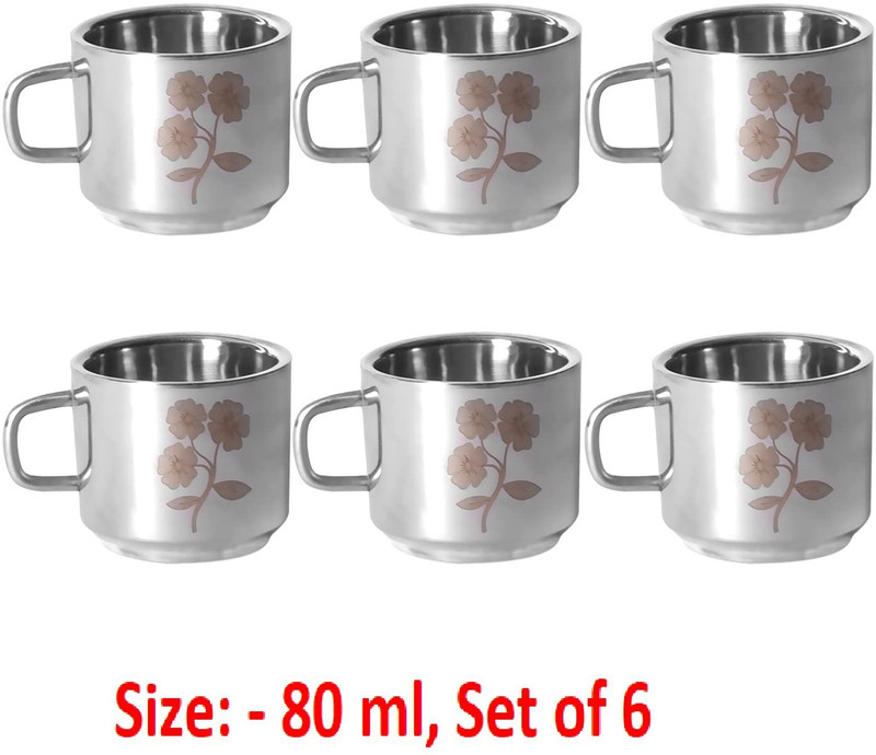 Housify Pack of 6 Stainless Steel SOBBER LAZER Stainless Steel Double Wall Tea & Coffee Cups Set of 6 pcs - 80 ml(Silver, Cup Set)