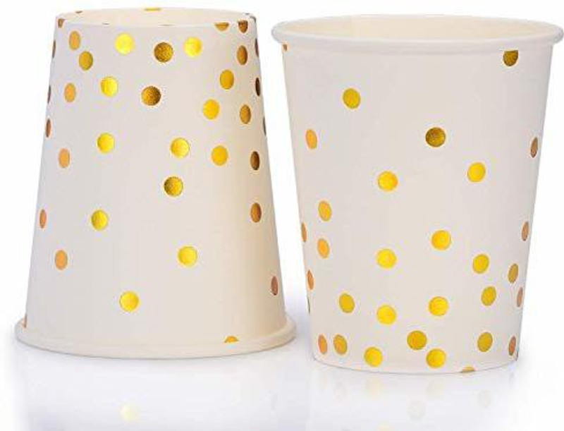 lalantopparties Pack of 10 Paper White And Gold Foil Polka Dot Disposable Paper Cups Glasses For Party(Gold, White, Cup Set)