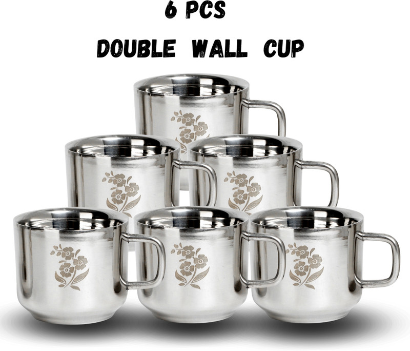 Q4S Pack of 6 Stainless Steel cup Double Wall cups , Flower Laser chai coffee tea cup(Silver, Cup Set)