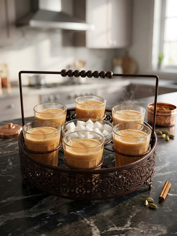 R.R.V. International Pack of 1 Glass, Iron Chai Glass Set 6Pcs with Sugar Bowl & Metal Stand – Brown(Clear, Cup Set)