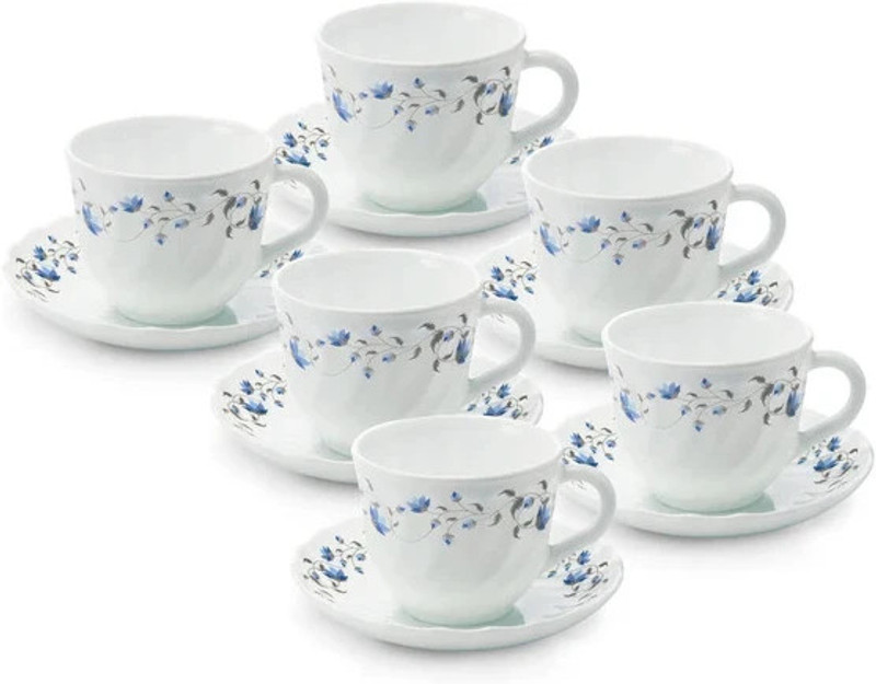 BOROSIL Opalware 12 N 13CL CUP SAUCER HELENA(White, Blue, Cup and Saucer)