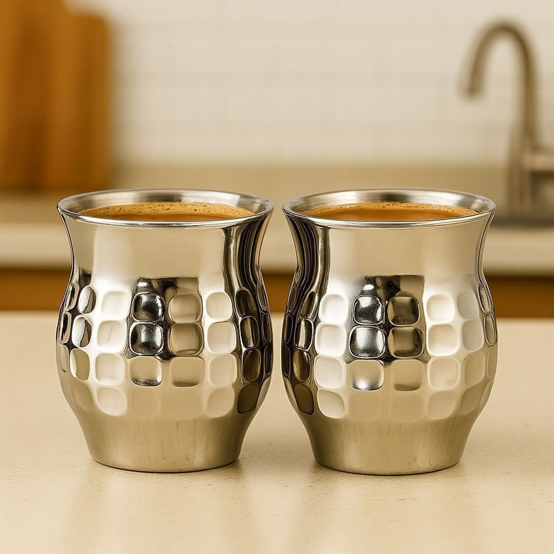 VISAXMI Pack of 2 Stainless Steel Hammered Kulhad | Steel Tea & Coffee Cup | Durable & Double wall Serving Cup Set(Silver, Cup Set)