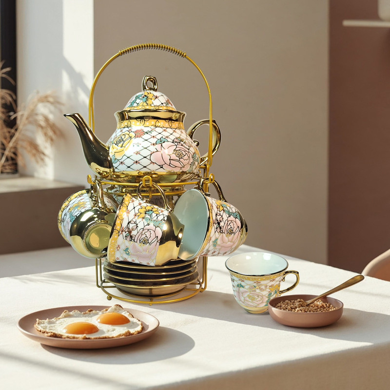 Deedecorwave 13 Pieces Teapot with 6 Saucers,6 Cups & 1 Teapot with lid,1 Metal stand Jug Glass Tray Set(Porcelain)
