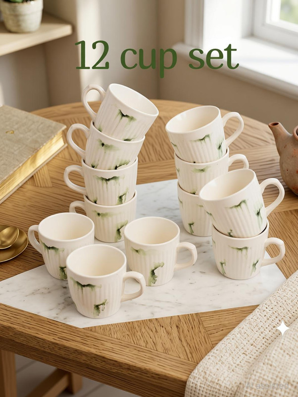 GALAXYCERAMICS Pack of 12 Ceramic(White, Green, Cup)