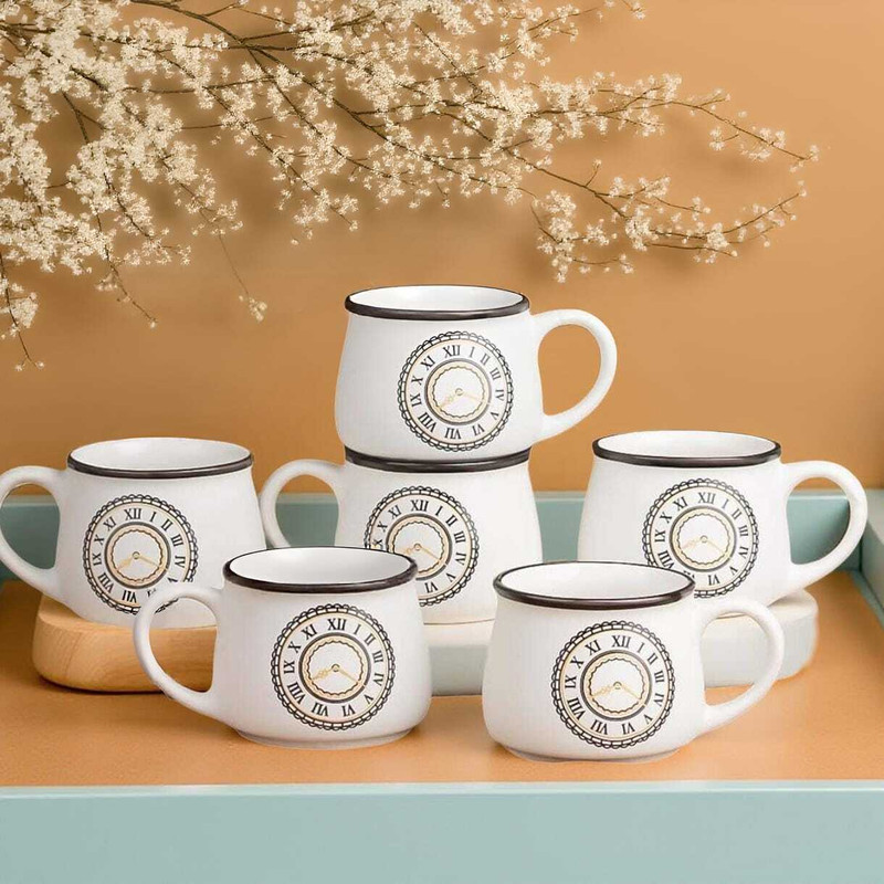 TheMoonStore Pack of 6 Ceramic O'clock Tea Cup Set of 6-200ml Capacity Microwave & Dishwashe(White, Cup Set)
