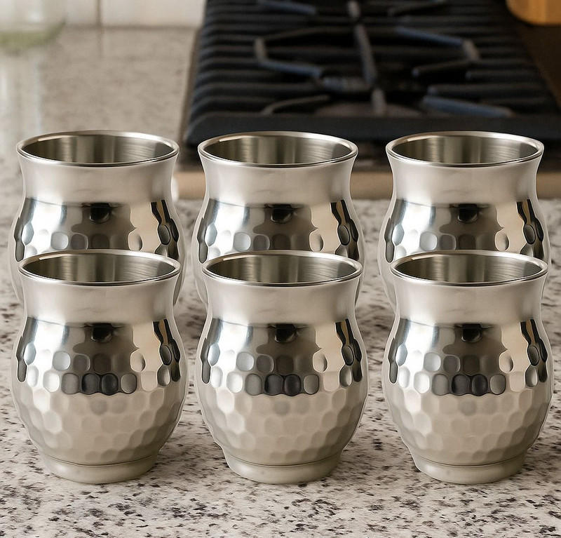 VISAXMI Pack of 6 Stainless Steel Hammered Kullhad Cups for Tea | 170 ml Steel Kulhad Glass | Chai Cup Steel(Silver, Cup Set)