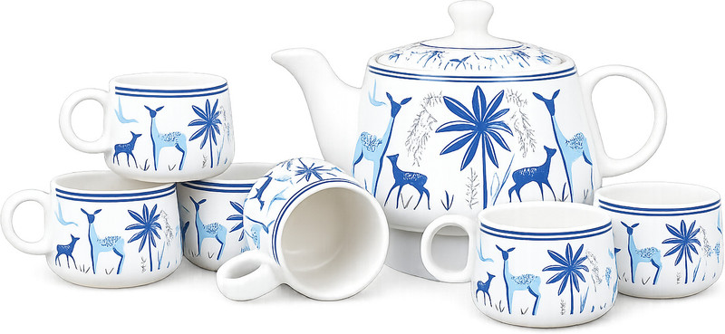 Deedecorwave Pack of 7 Ceramic Tea Set with 6 Cups & 1 Teapot with Lid Designer Printed Tea Cup Glossy Finish(Blue, White, Cup Set)