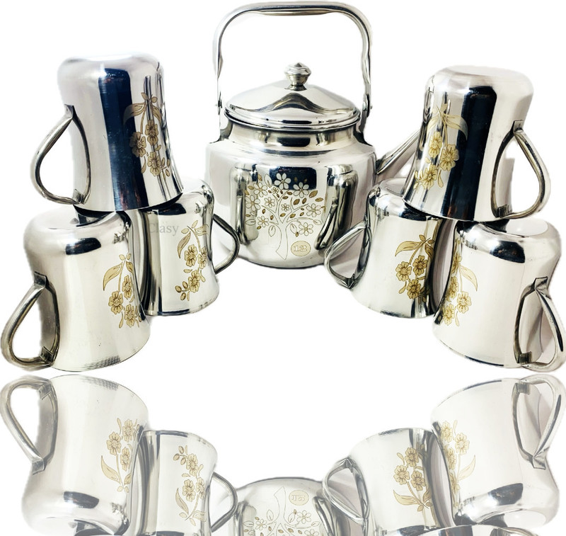 CLASY Pack of 7 Stainless Steel Tea Kettle With 6 Tea/Coffee Cup Laser Prnted Mirror Polish(Silver, Cup Set)