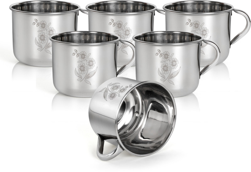 Q4S Pack of 6 Stainless Steel Premium Tea and Coffee Cup of 140ml Flower Design(Silver, Cup Set)