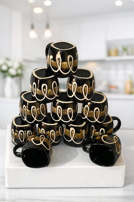 Rishabhceramic Pack of 12 Ceramic Black cup 12(Brown, Cup and Saucer)
