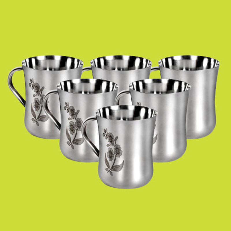 LABXPORT Pack of 6 Stainless Steel Cups for tea coffee chai milk floral print design(Grey, Cup Set)