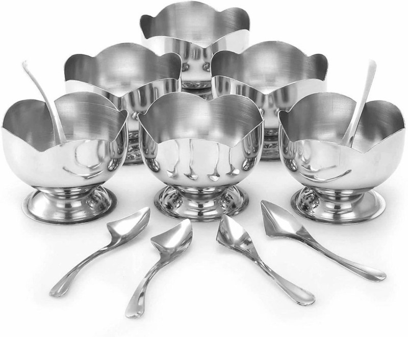 Padma Pack of 6 Stainless Steel Ice-cream Cup and spoon stainless Steel (PACK OF 6 BOWLS ) PACK OF 6 SPOON )(Silver, Cup Set)