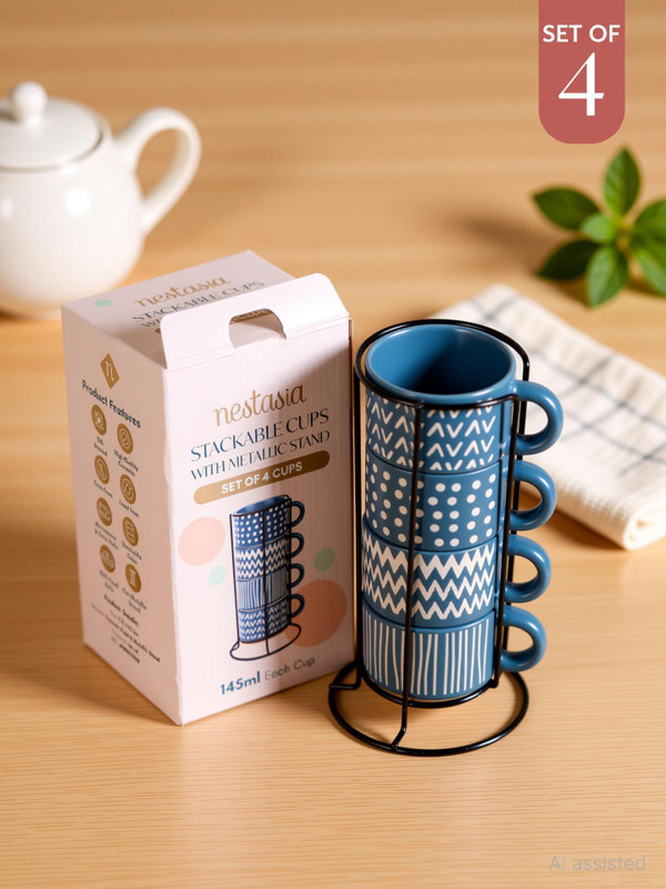 Nestasia Pack of 4 Ceramic Set of 4 Stackable Ceramic Cups 100ml Microwave Safe, Printed Blue with Stand(Blue, Cup Set)