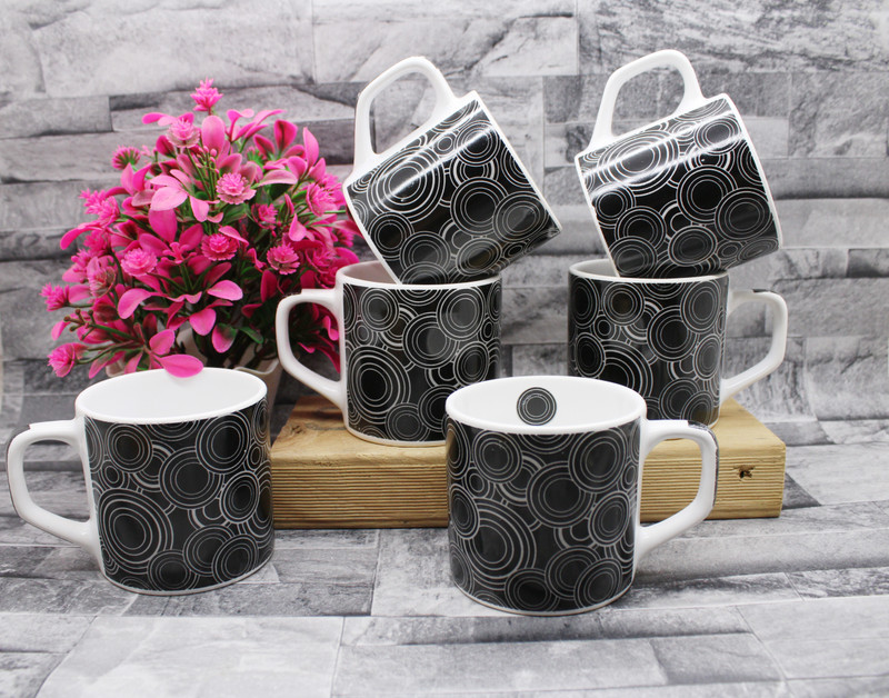 laghima jadon Pack of 6 Ceramic Coffee Cups & Tea Round Shap Design Cup Big Size Cup 200ML Microwave Safe(Black, White, Multicolor, Cup Set)