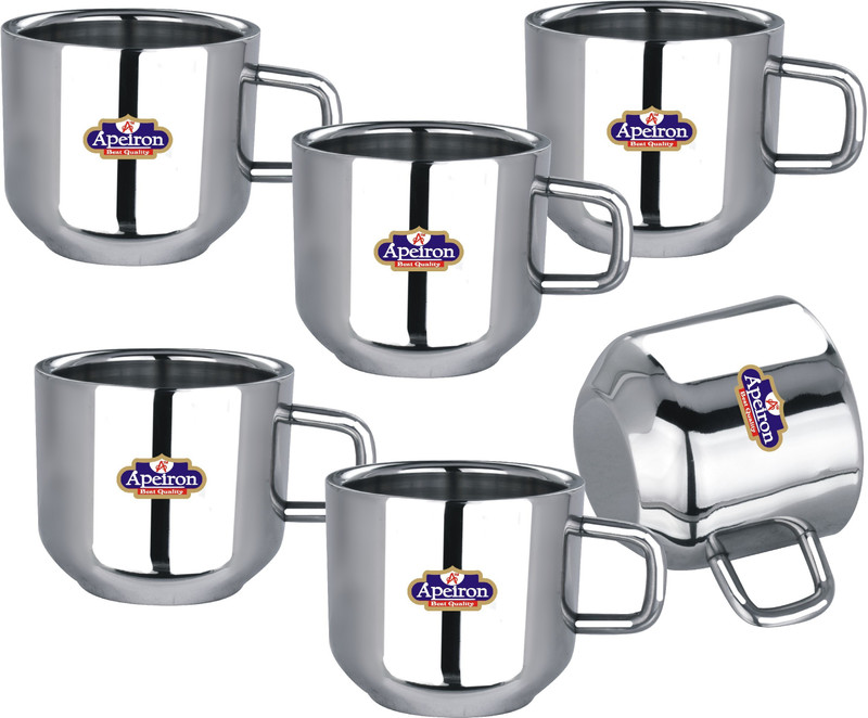 Apeiron Pack of 6 Stainless Steel Stainless Steel Double Wall Tea Cup Coffee Cup Tip Top plain shape cup 100ml each capacity(Silver, Cup Set)