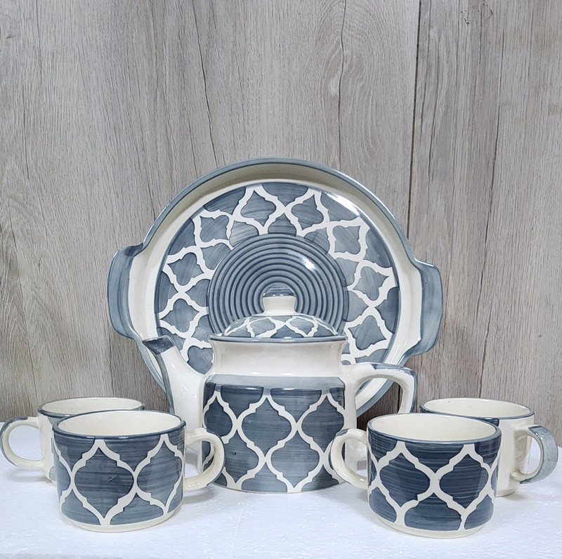 MRITTIKA SHILP Pack of 6 Ceramic Tea Cup With Kettle Set | 1 Kettle(600ML) | 1 Tray | Tea Cup 4 Piece (180ML) |(Grey, Cup Set)
