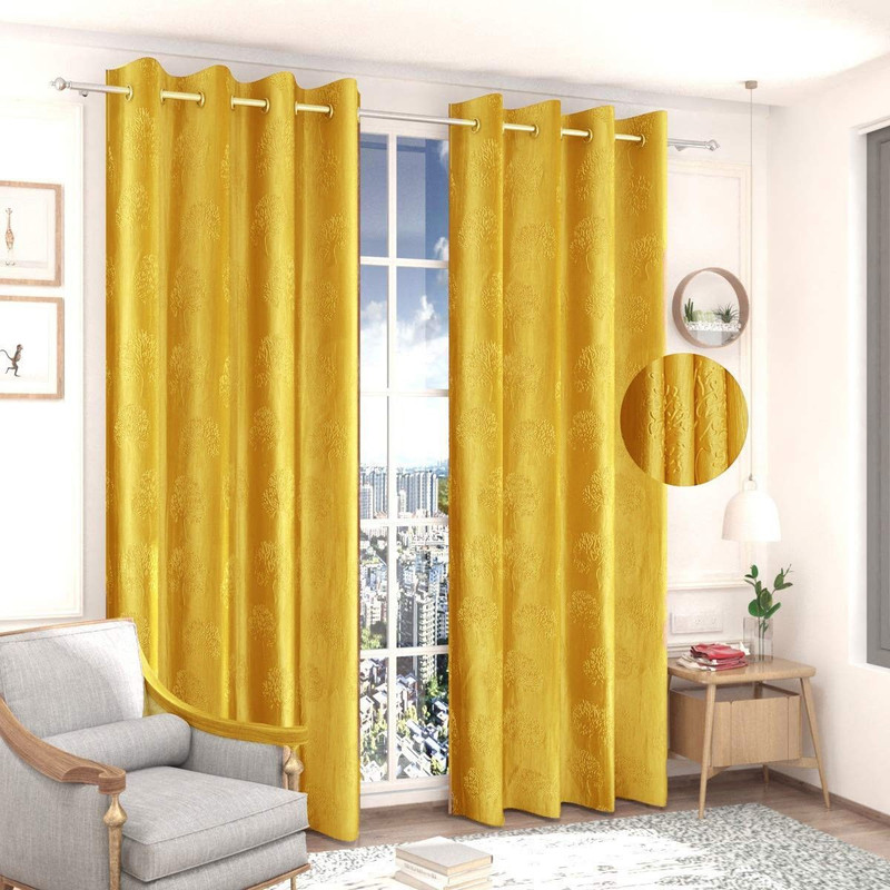 Fabrilia 213 cm (7 ft) Door Polyester Room Darkening Curtain (Pack Of 2)(Yellow, Self Design)