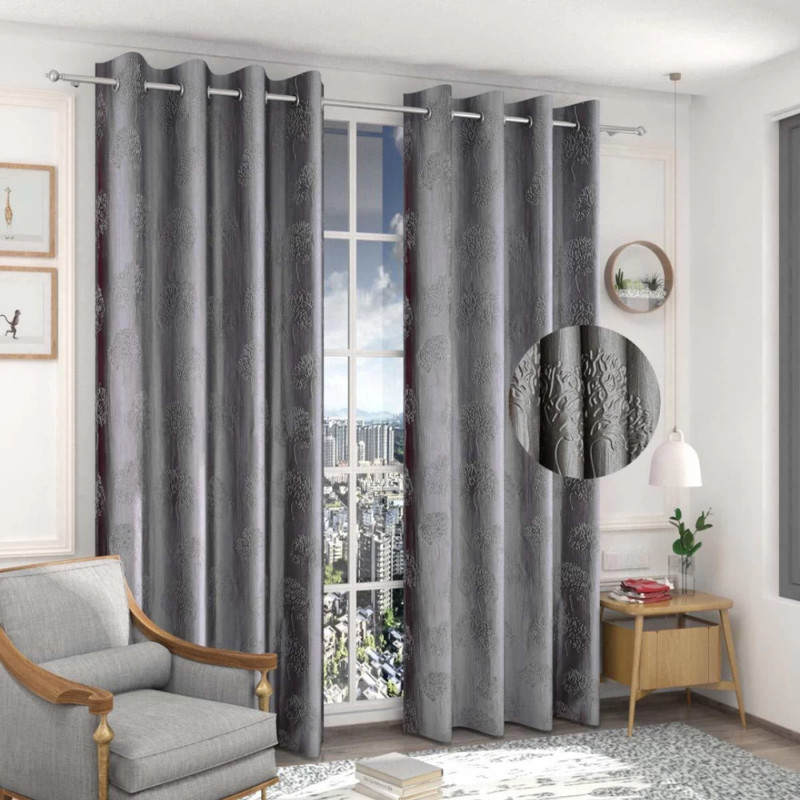 RADRUGS 210 cm (7 ft) Door Polycotton Room Darkening Curtain (Pack Of 2)(Grey, Self Design)