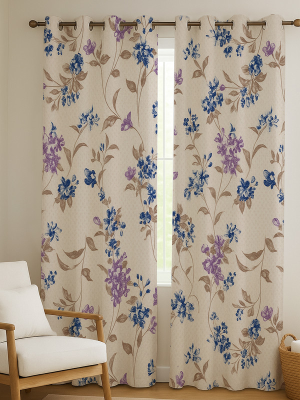 Ana 213 cm (7 ft) Door Cotton Room Darkening Curtain (Pack Of 2)(Purple, Floral)