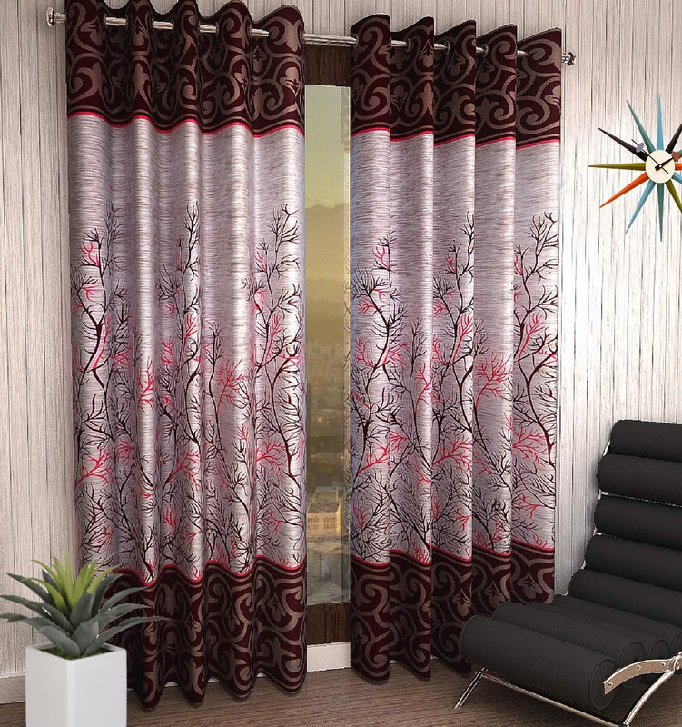 Flipkart SmartBuy 213 cm (7 ft) Door Polycotton Semi Transparent Curtain (Pack Of 2)(Maroon, Floral)