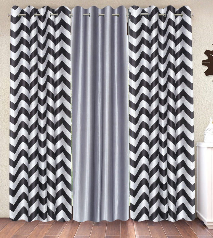 Home Sizzler 153 cm (5 ft) Window Polyester Semi Transparent Curtain (Pack Of 3)(Black, Geometric)